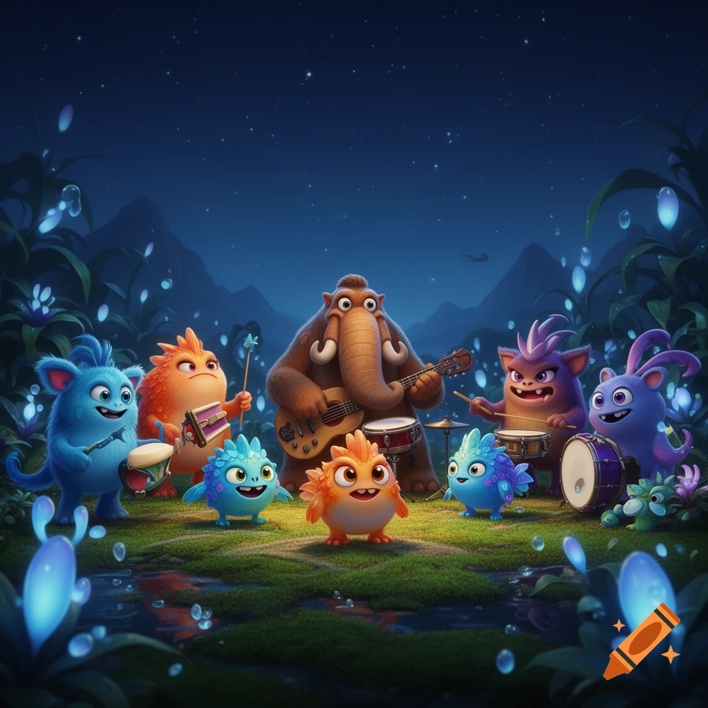 A group of colorful, cartoon-like monsters and a woolly mammoth play musical instruments in a glowing, dark forest at night.