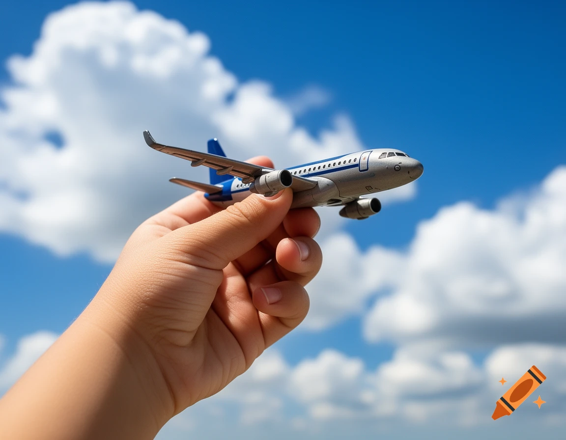 A child's hand holds a toy passenger airplane against a clear blue sky with white clouds, photorealistic.