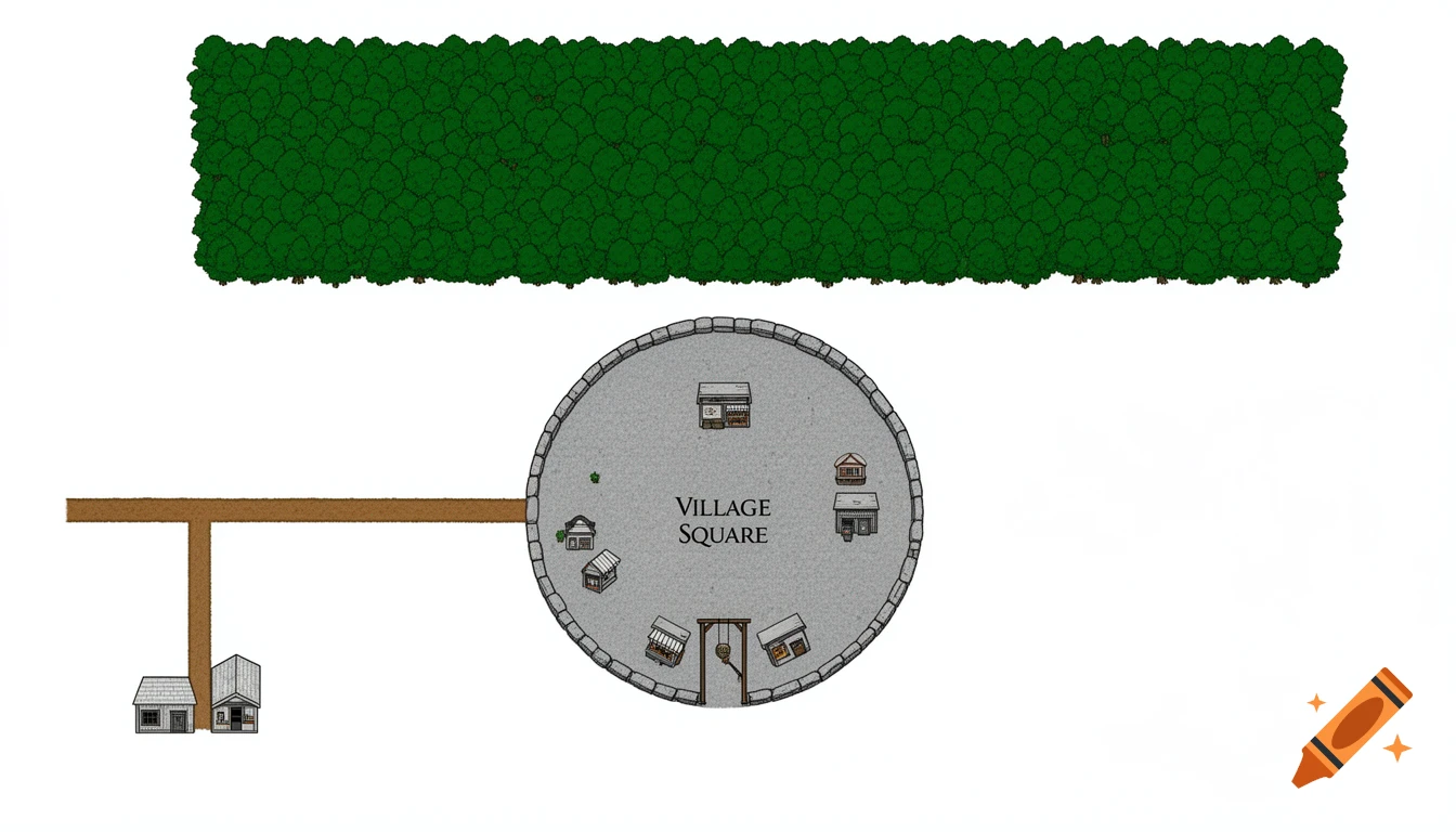 An overhead 2D map of a village with a central 'Village Square', surrounding market stalls and gallows, roads leading to two houses, and a dense forest block at the top.
