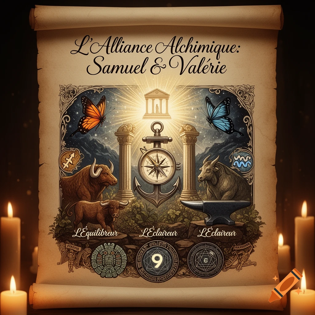 An ornate, illuminated scroll titled "L’Alliance Alchimique: Samuel & Valérie," featuring a compass anchor, columns, bulls, butterflies, and mystical symbols, surrounded by glowing candles.