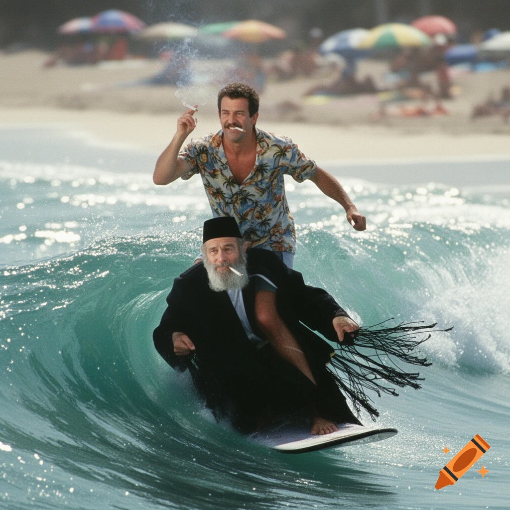 Photorealistic image of Mel Gibson standing on a surfboard while a man dressed as a rabbi surfs in front, both smoking cigarettes on a wave near a beach.