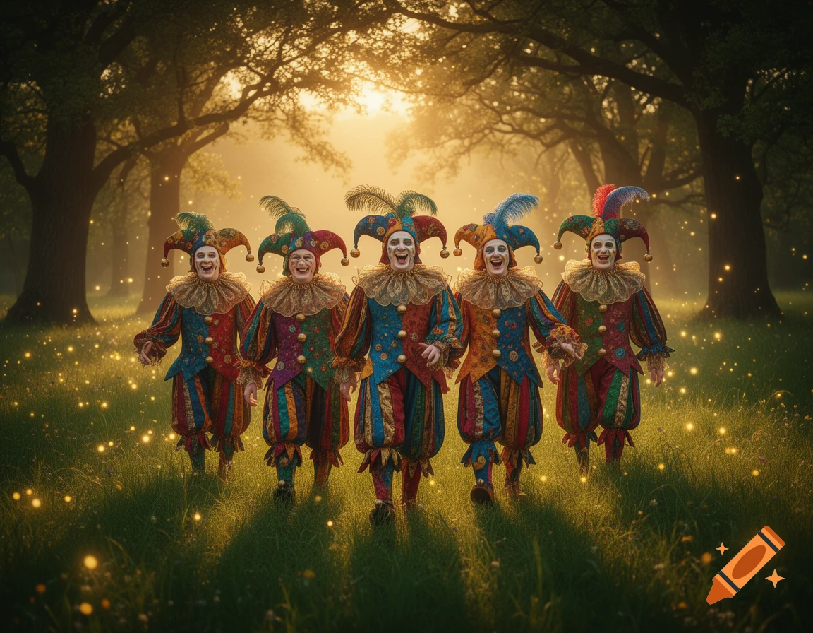 Five smiling jesters in colorful, patterned costumes walk through a sunlit, misty forest clearing with glowing lights.