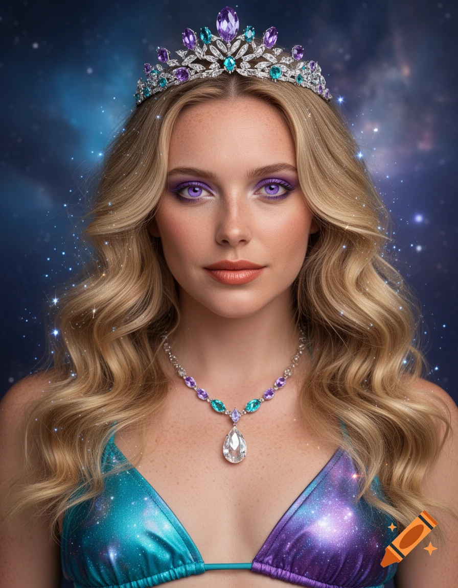 Photorealistic portrait of a woman with blonde hair, purple eyes, a crystal tiara and necklace, and a galaxy-print bikini top, against a starry nebula.