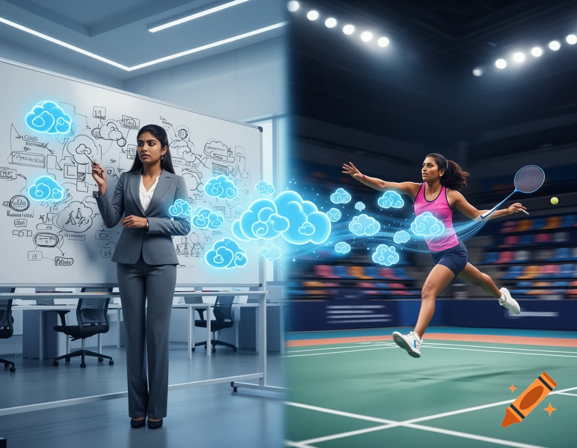 Split image shows a South Asian woman: left, in a business suit by a whiteboard with cloud diagrams; right, playing badminton with glowing clouds.