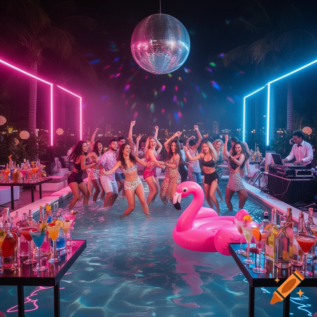 People dance at a vibrant nighttime pool party with neon lights, a disco ball, and a pink flamingo float.