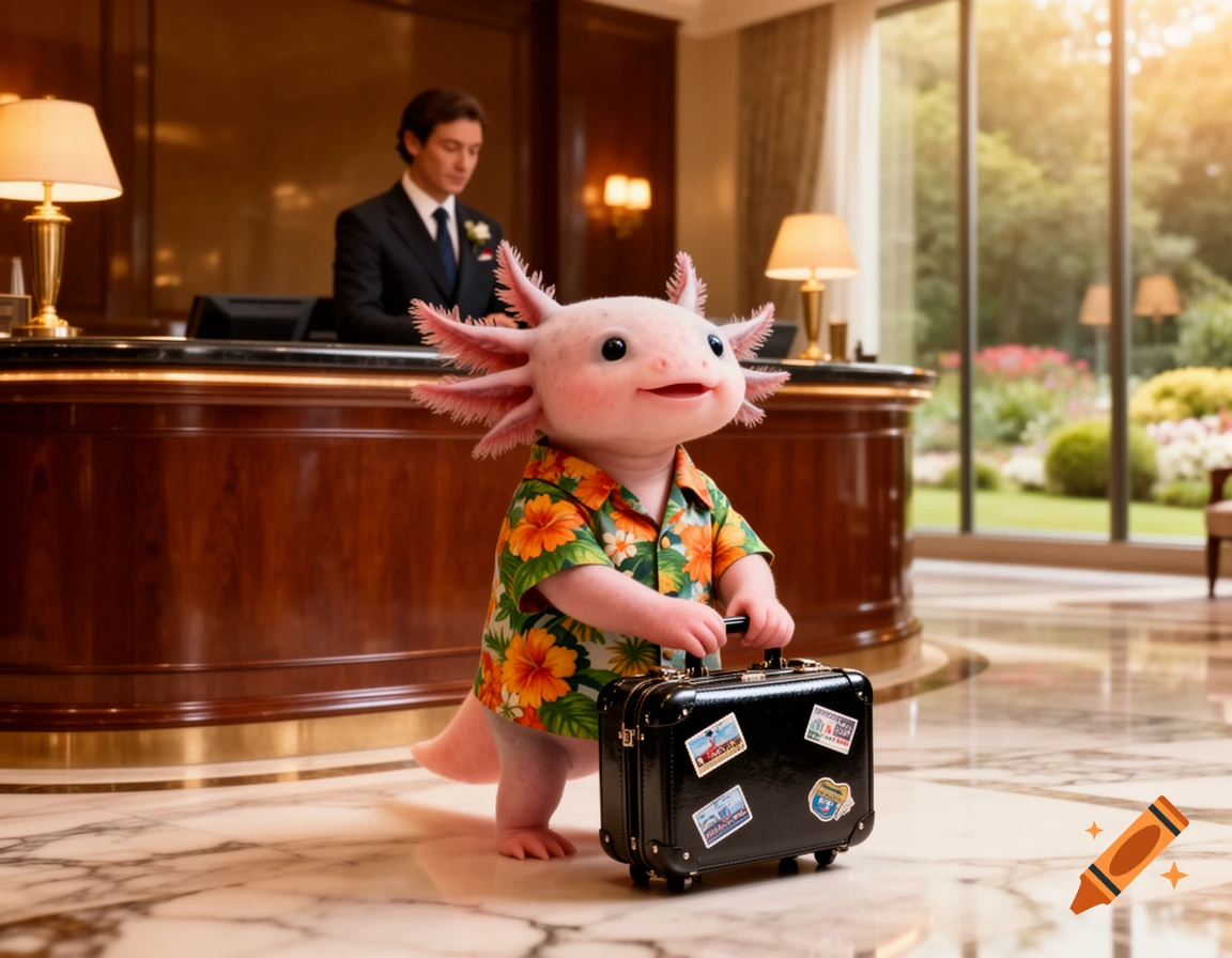 A photorealistic axolotl in a Hawaiian shirt pulls a small suitcase while checking into a grand hotel lobby with a person behind the counter.