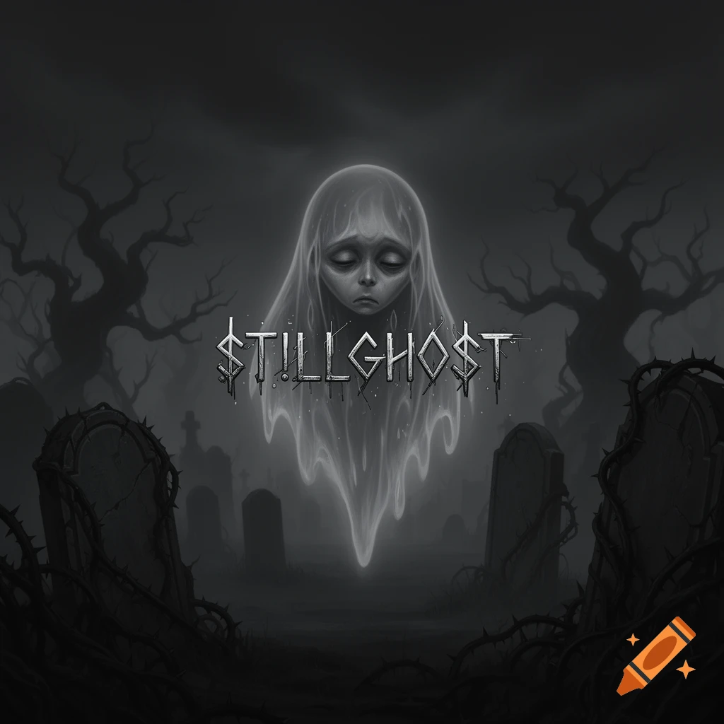 A sad, translucent ghost figure floats above a foggy, gothic graveyard with thorny gravestones and bare trees, featuring the stylized text '$T!LLGH0$T'.