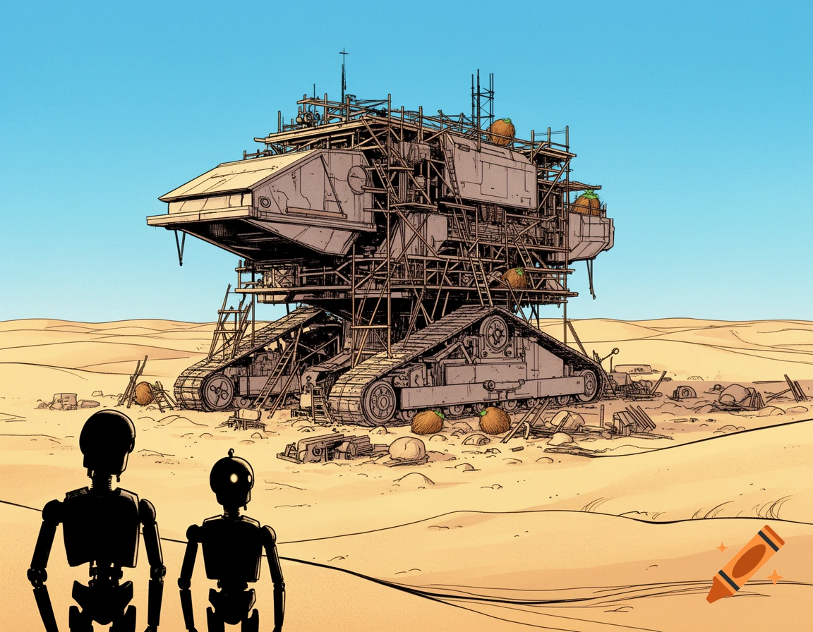 A comic-style illustration of a large, tracked Sandcrawler under construction in a desert, with two droid silhouettes in the foreground.