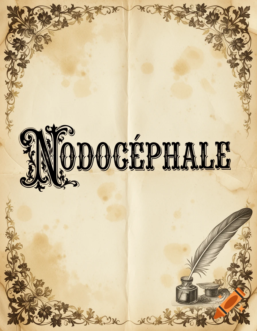 A vintage 19th-century French poster design with the word 'NODOCÉPHALE' in ornate typography, on aged parchment with floral borders and a quill pen.