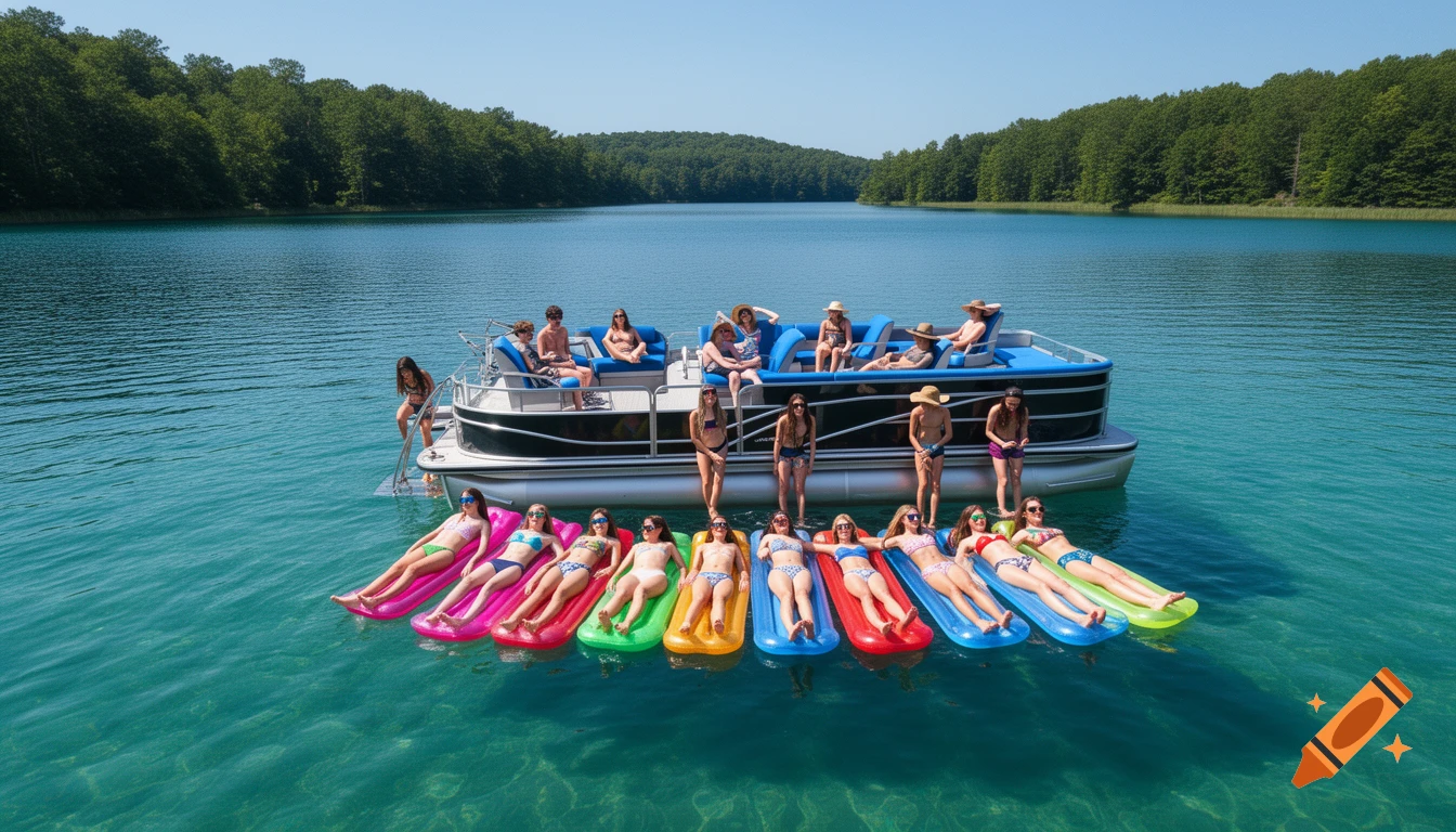 A large group of young adults and teenagers on a pontoon boat and individual rafts in a clear blue lake surrounded by green trees under a sunny sky.