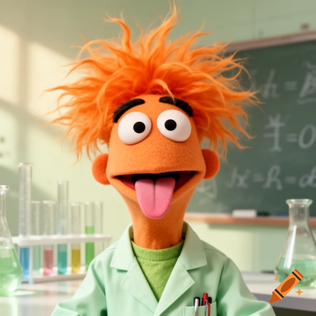 A close-up of Beaker, the orange Muppet, wearing a lab coat and sticking his tongue out in a brightly lit laboratory.