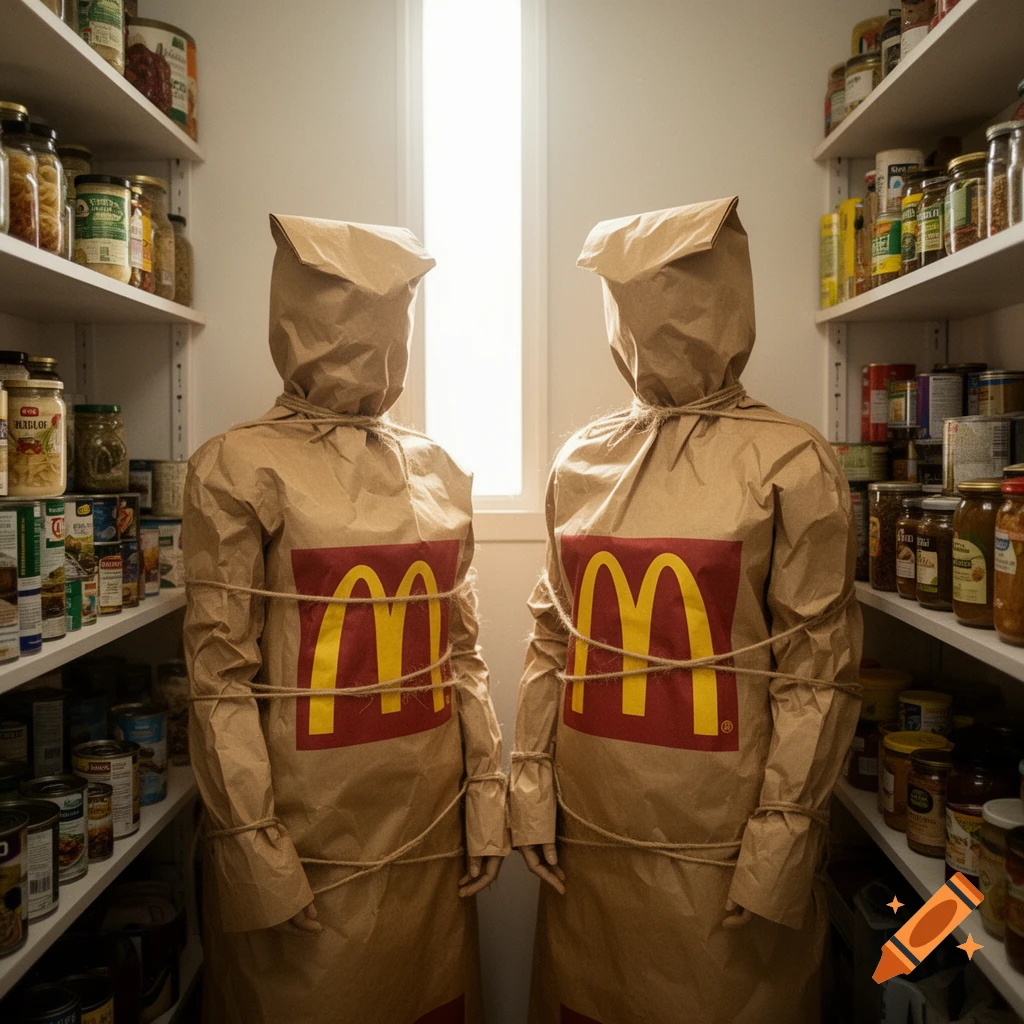 Two figures wrapped in brown paper bags with McDonald's logos and string stand in a pantry.
