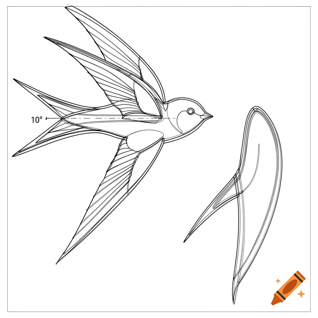 Clean black-and-white line art of a swallow mobile woodworking template, with side-view bird, 10-degree tail slot, and separate wing shapes.