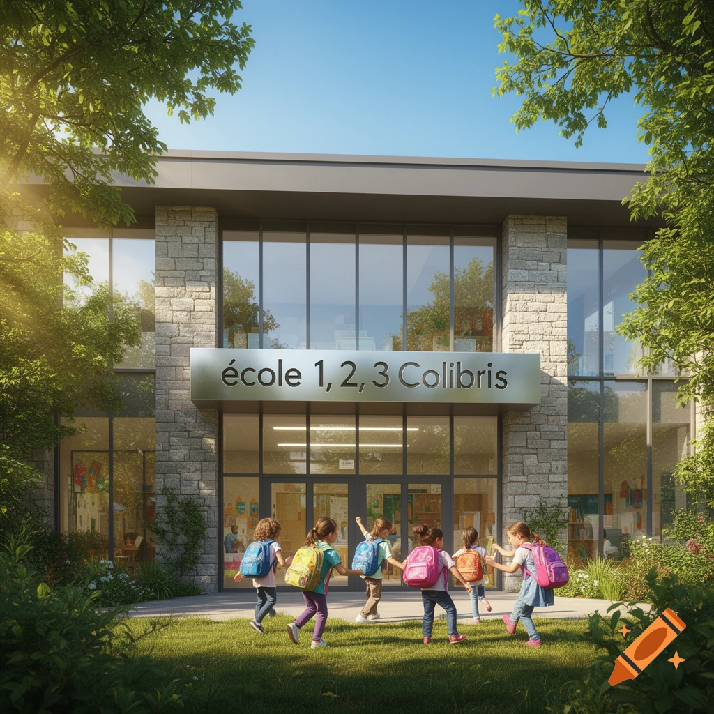 Children with backpacks approaching a modern school building named "école 1, 2, 3 Colibris", surrounded by trees under a sunny sky.