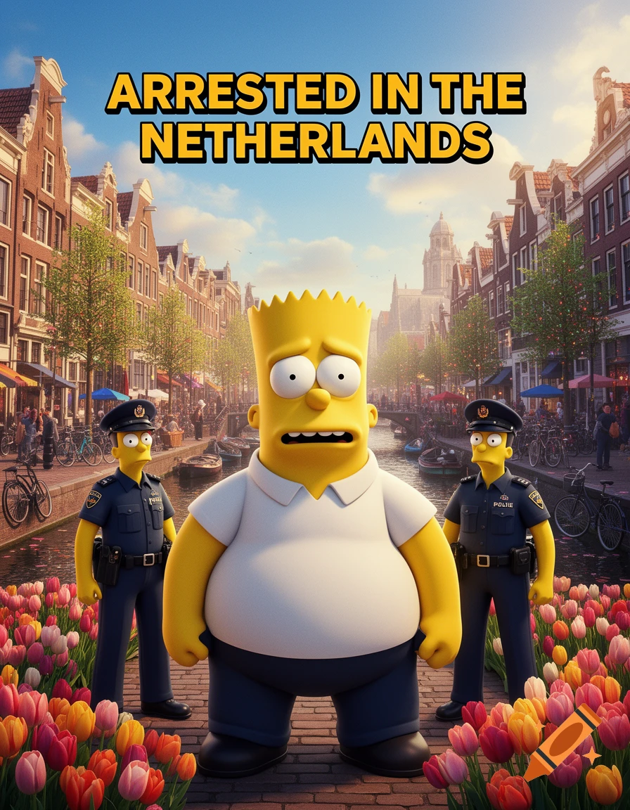 3D animated movie poster of a morbidly obese Bart Simpson looking worried, flanked by two police officers resembling Homer Simpson, in a Dutch canal city with tulips.