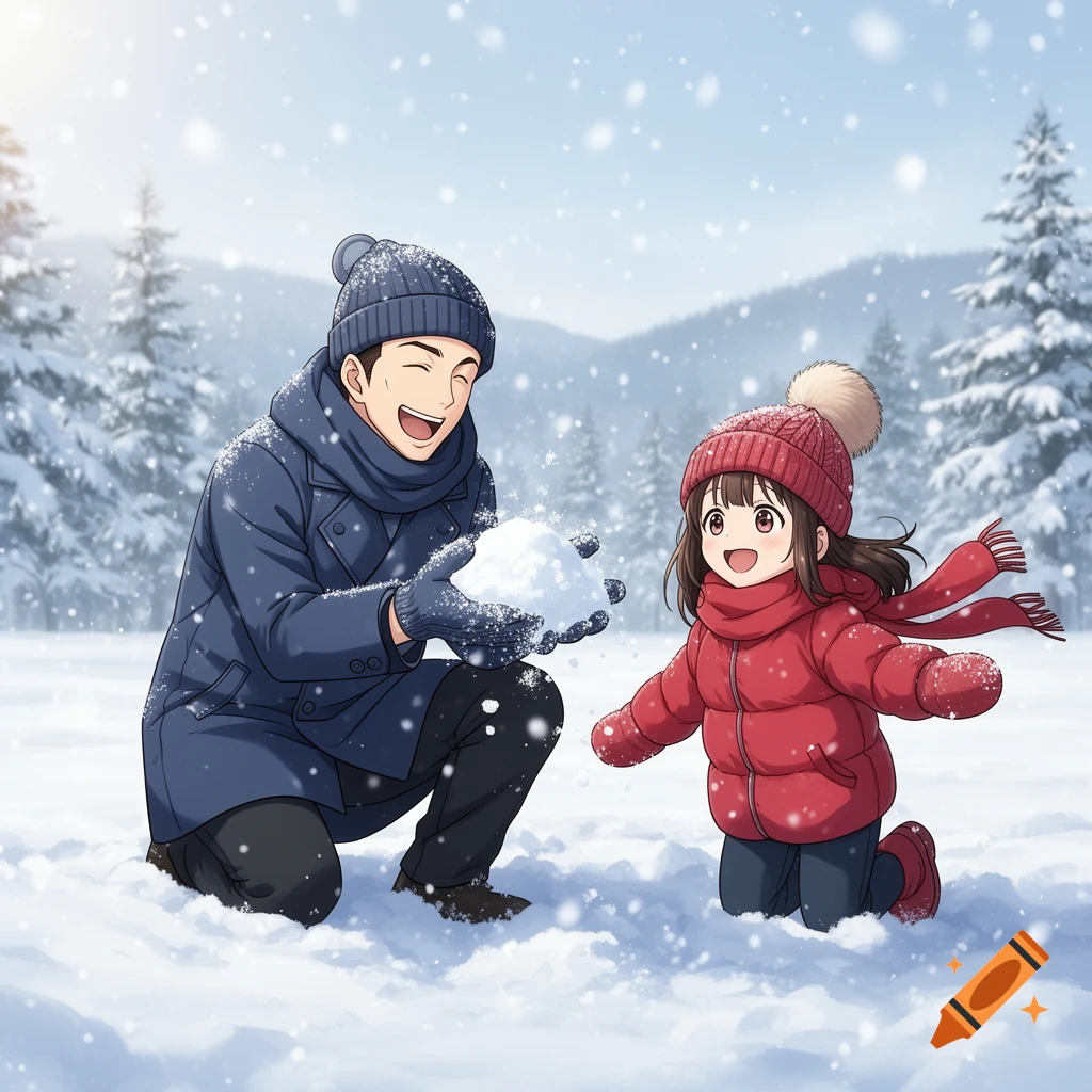 Anime style illustration of a man and a young girl joyfully playing in falling snow.