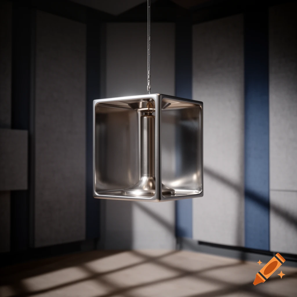 A sleek, square, metallic object hangs suspended in a dim room with striped walls and shadows on the wooden floor.