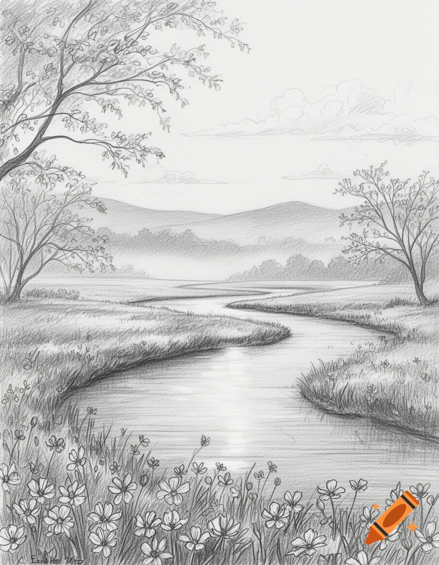Pencil sketch of a serene natural landscape with a winding river, trees, distant hills, and wildflowers in the foreground.