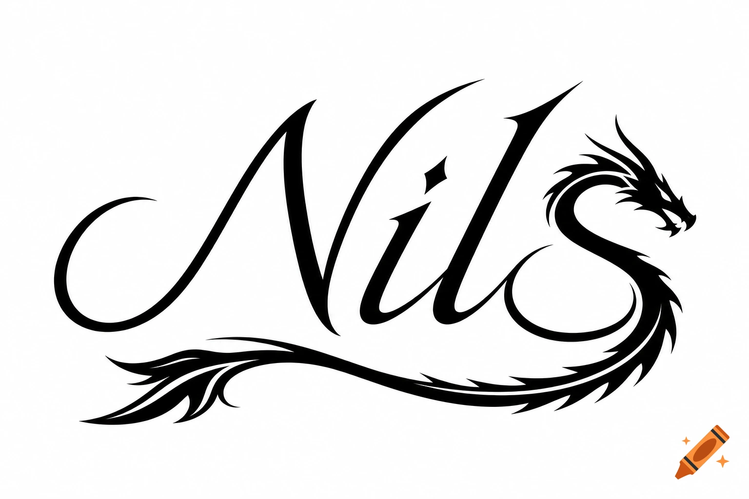 Minimalist black calligraphy signature 'Nils' with the 'S' forming a stylized dragon's tail on a white background.