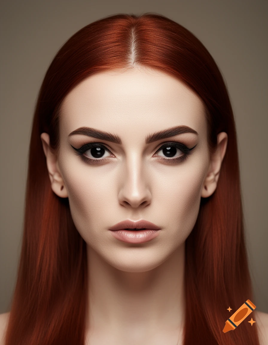 A headshot of a woman with long red hair, pale skin, black eyes, and winged eyeliner looking directly at the viewer.
