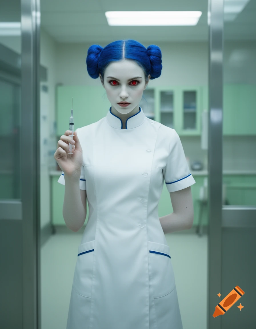 A pale woman with blue hair and red eyes, wearing a nurse uniform, holds a syringe in a medical room.