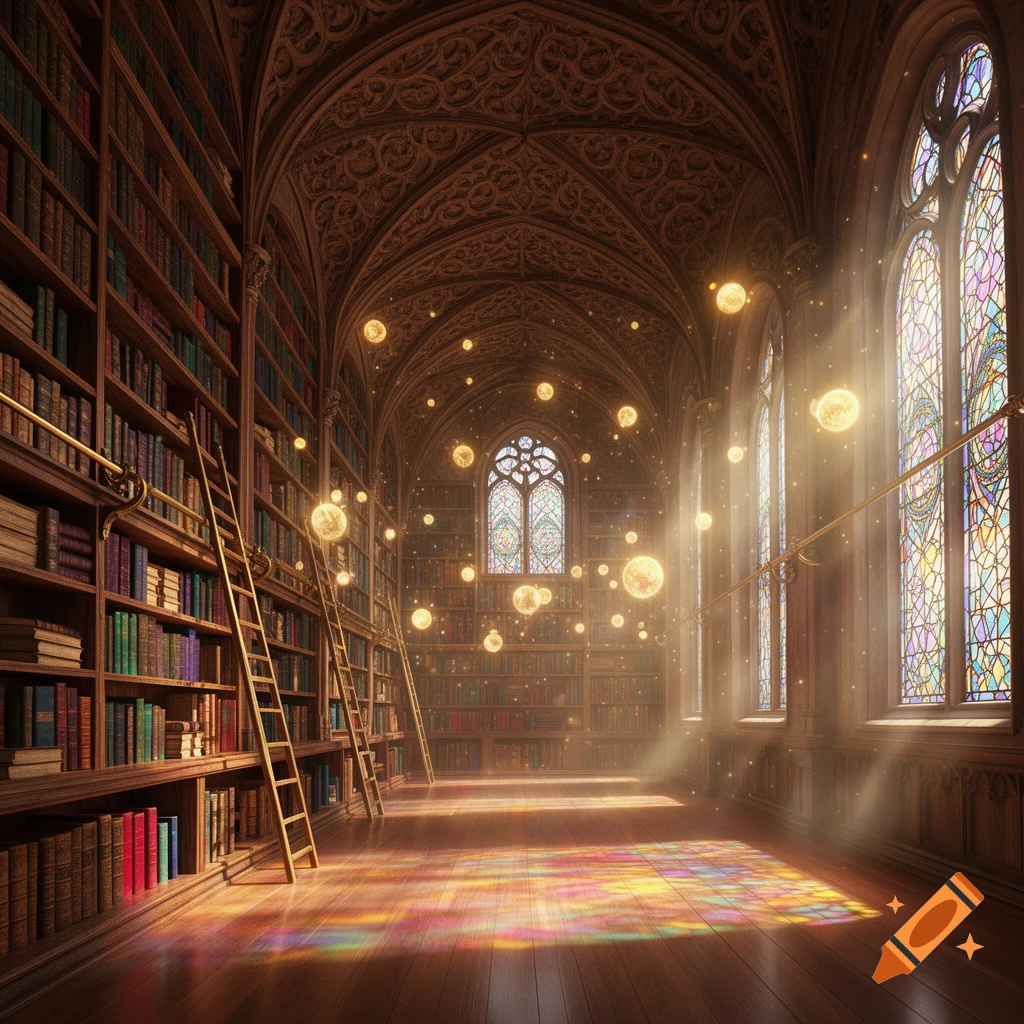 A grand, magical library with tall bookshelves, stained glass windows, glowing orbs, and colorful light patterns on the wooden floor.