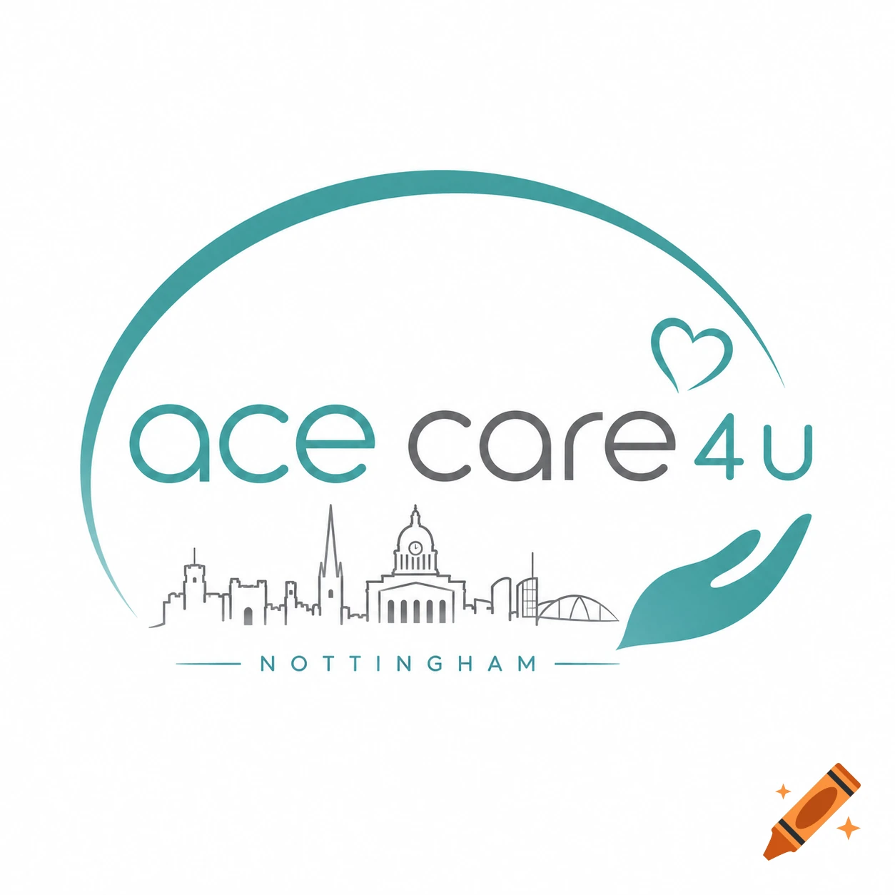 Minimalist logo for Ace Care 4 U with Nottingham skyline, a heart, and a hand within a teal circle.