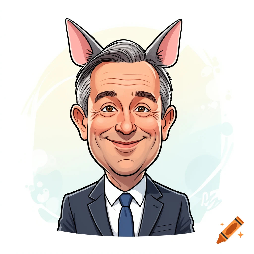 Cartoon caricature of a smiling man in a suit with pointed mouse ears.