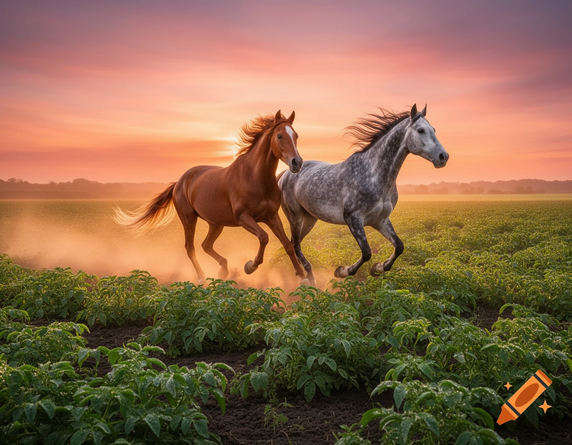 Two photorealistic horses, one brown and one dappled grey, gallop through a green field, kicking up dust under an orange sunset.