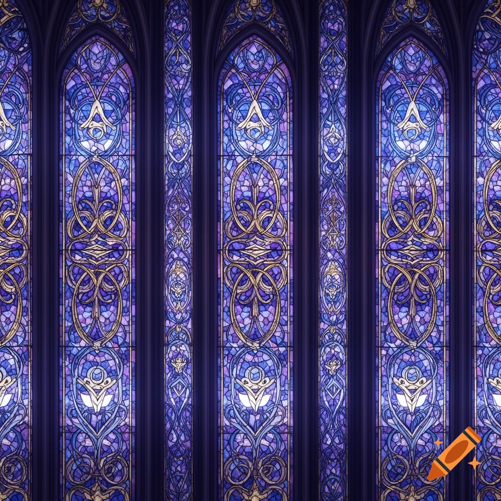 Intricate purple, blue, and gold stained glass windows in a gothic architectural style.