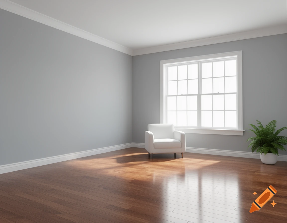 A bright, minimalist room with light gray walls, a white armchair, a large window, and a green potted plant on a polished wooden floor with sunbeams.
