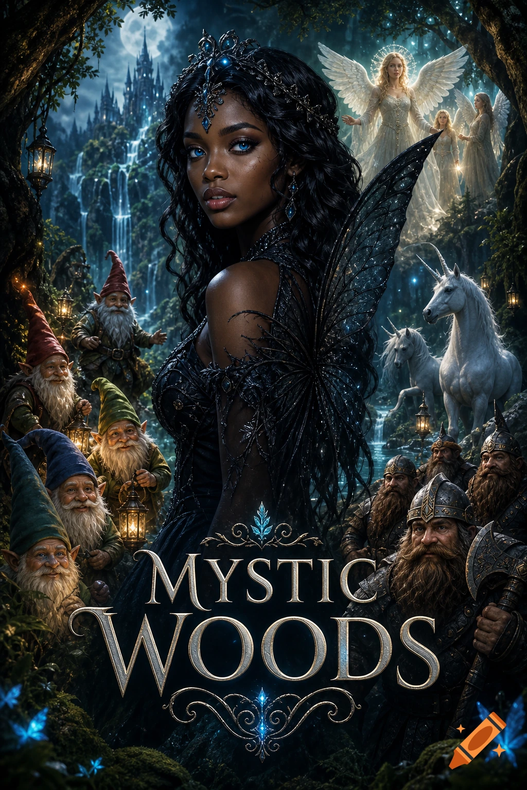 A black magic fairy with blue eyes stands in a mystic forest, surrounded by gnomes, angels, unicorns, and dwarves, with 'MYSTIC WOODS' title.