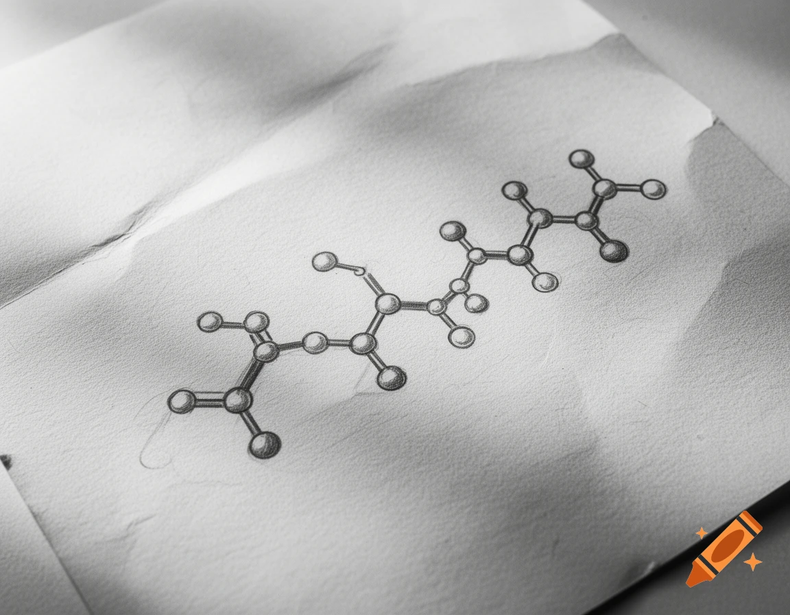 Pencil drawing of a Polylactic Acid molecule on a crumpled piece of notepaper.