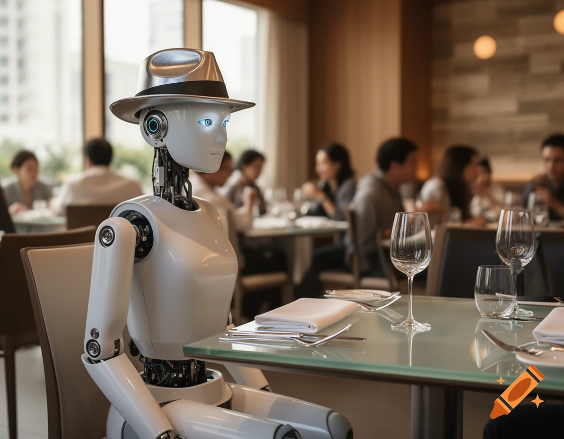 A photorealistic image of a robot wearing a fedora, sitting at a table in a restaurant with blurred human diners in the background.