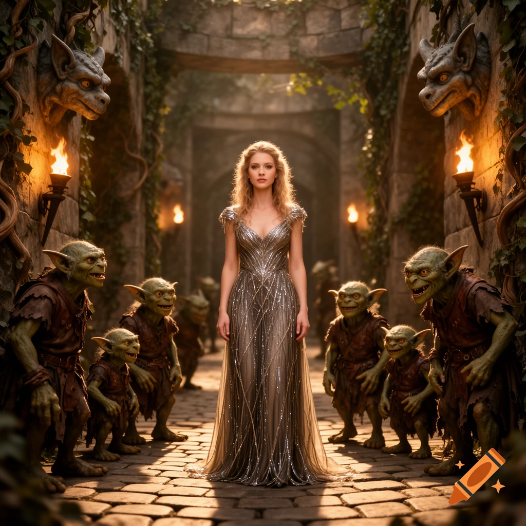 A woman in a sparkling dress stands among green goblins in a torchlit, ivy-covered fantasy dungeon, reminiscent of Labyrinth.