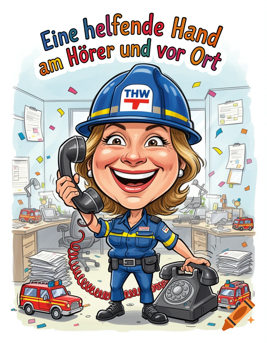 A smiling cartoon woman in a THW uniform and blue hardhat holds a phone, standing in an office with miniature fire trucks. Text reads "Eine helfende Hand am Hörer und vor Ort".