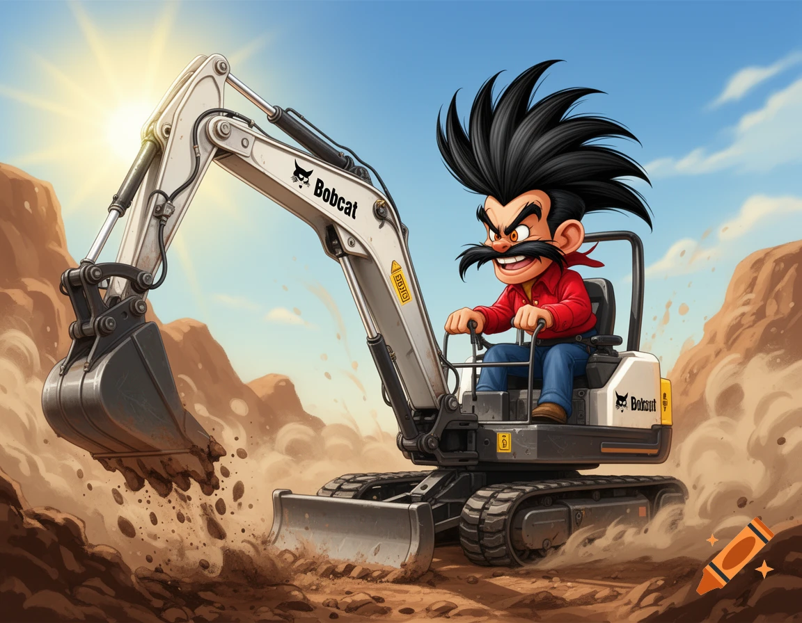 Cartoon character resembling Yosemite Sam, with black spiked hair and a large mustache, operates a white Bobcat mini excavator in a desert-like landscape under a sunny sky.