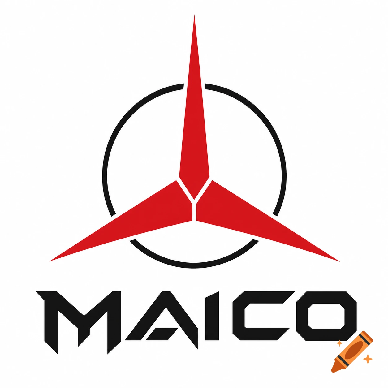 A minimalist red three-bladed rotor symbol within a black circle, above the word 'MAICO' in a sharp, black futuristic font on a white background.