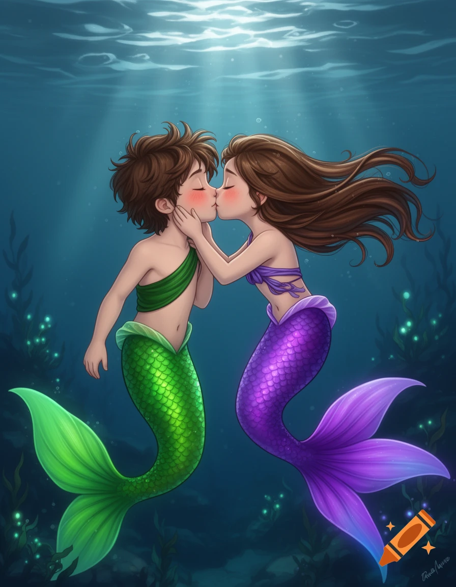 Cartoon illustration of a mermaid boy with a green tail and a mermaid girl with a purple tail kissing underwater, both blushing.