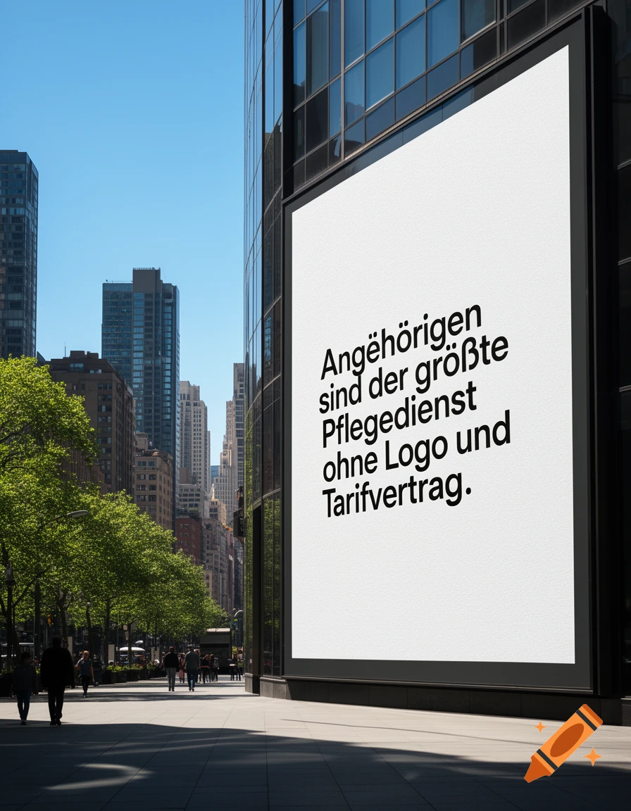 A large billboard with German text on a modern glass building in a sunny city street.