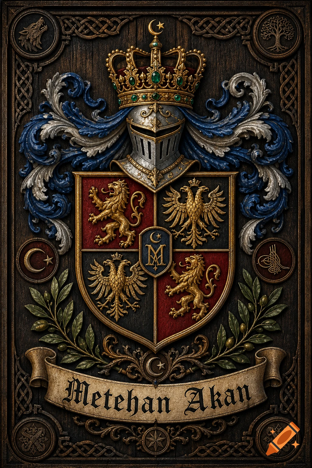 Highly detailed family coat of arms with a crowned knight's helmet, a shield displaying lions and eagles, and a banner reading 'Metehan Akan'.