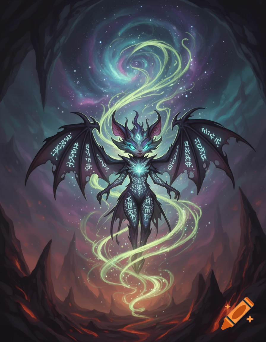 A purple, bat-like fantasy creature with glowing runes and eyes floats in a magical cave, surrounded by a nebula-like sky and ethereal light.