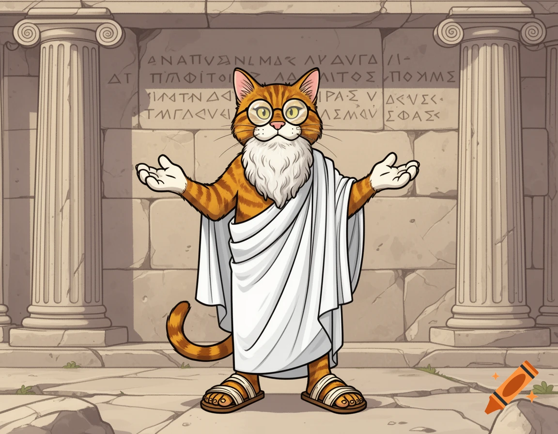 A cartoon anthropomorphic ginger cat in a toga and sandals, with glasses and a white beard, stands between Greek columns.