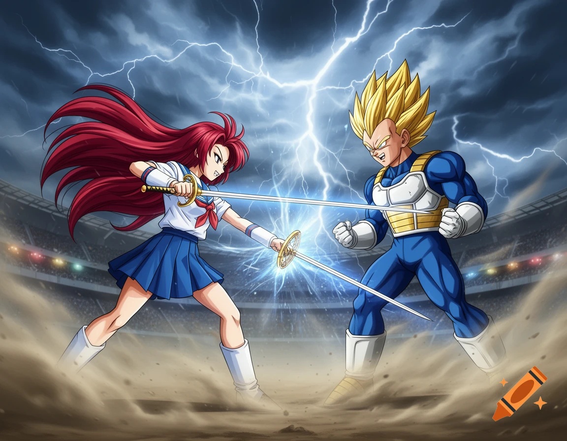 Anime characters Mitsuru Kirijo and Vegeta clash swords amidst lightning in a stadium, raising dust.