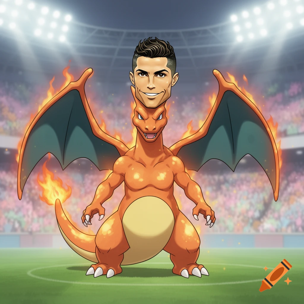 Cartoon Charizard with Cristiano Ronaldo's head stands in a soccer stadium, flames around its wings and tail.