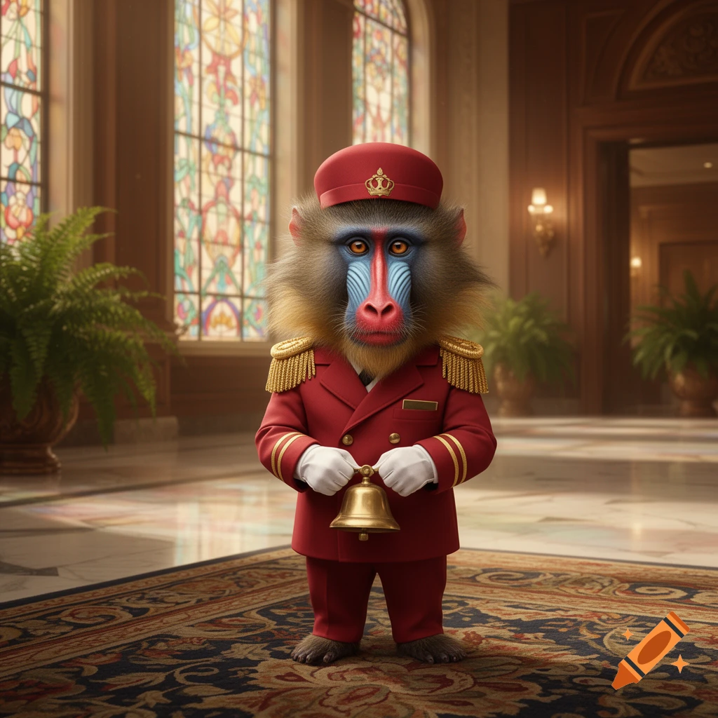 A detailed illustration of a mandrill wearing a red bellhop uniform and holding a golden bell in a luxurious lobby.