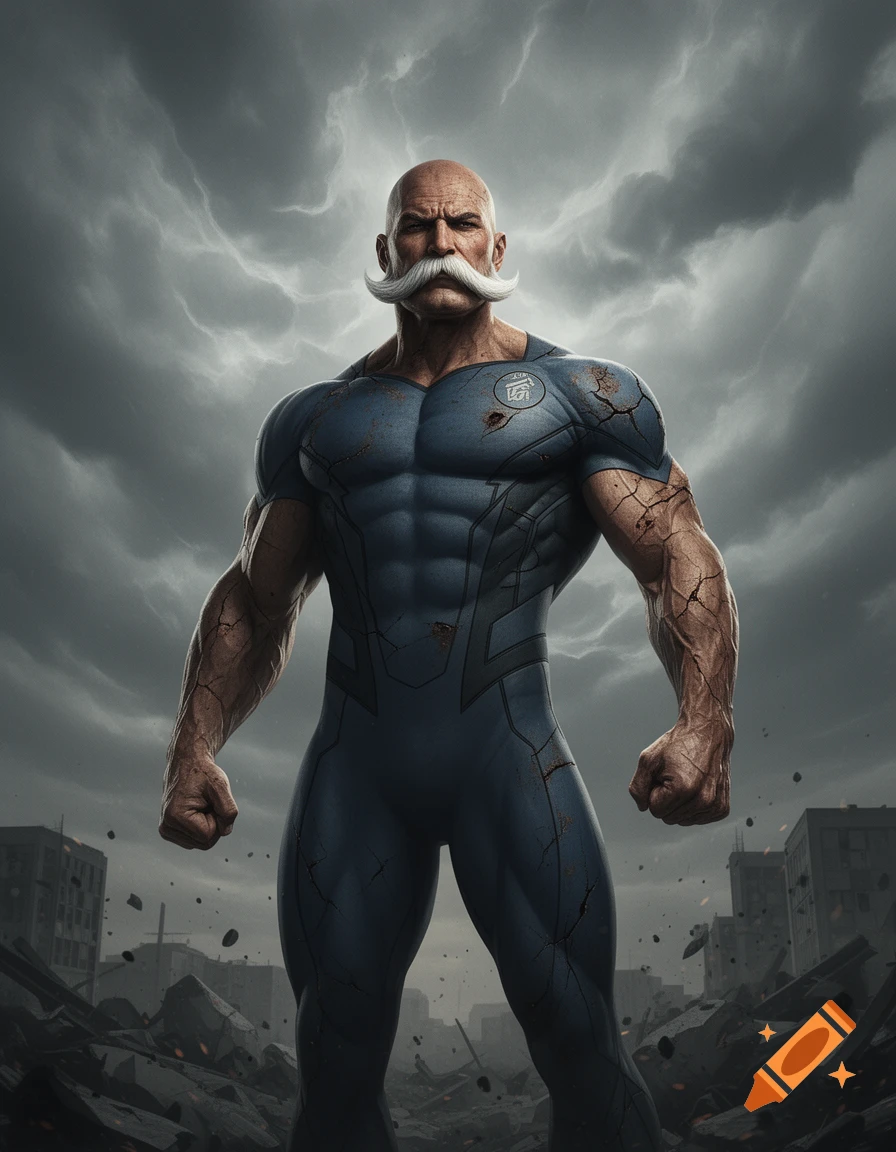 A muscular, bald superhero with a white mustache stands in a damaged blue suit amidst a ruined city under a stormy sky.