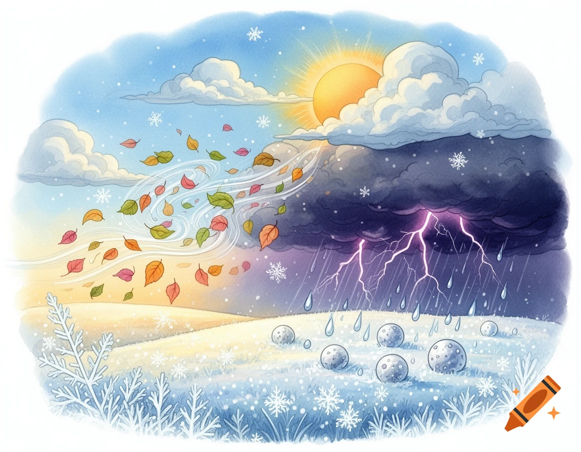 Watercolor illustration of changing weather: sunny autumn wind with leaves, and winter storm with lightning, rain, and snow.