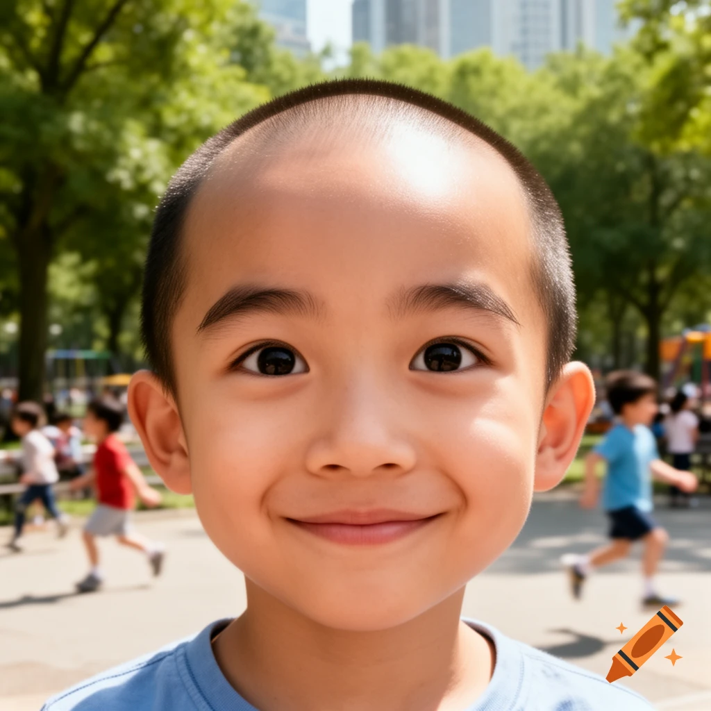 A smiling Asian boy with a large head in a blue shirt, with a park and blurred figures in the background.