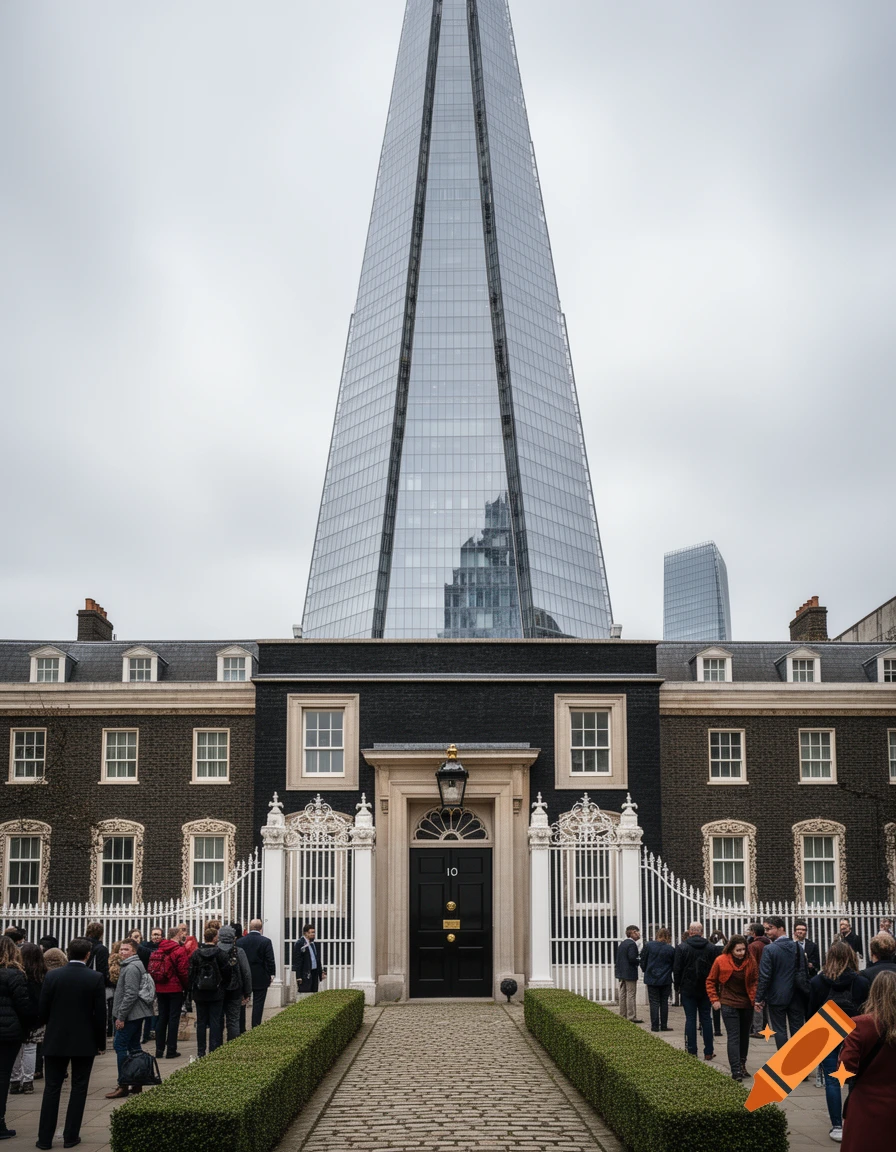 The Shard skyscraper rises behind 10 Downing Street, with people gathered in front, on a cloudy day in London.